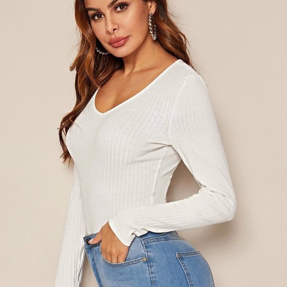 Cotton WHITE RIBBED KNIT TOP Long Sleeve TEE Ribbed LS T-Shirt Deep V Neck NEW - Picture 5 of 8